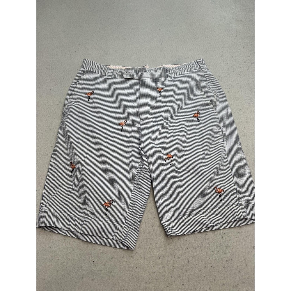 Brooks Brothers Shorts Mens 34 Blue Striped Flamingo Seersucker Bermuda 11Inseam